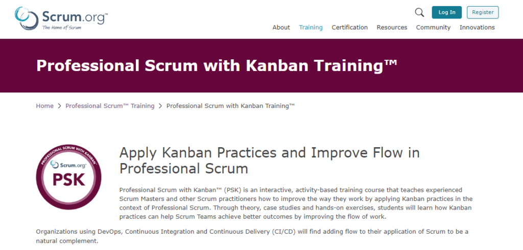 A screenshot of the Professional Scrum with Kanban Training course page