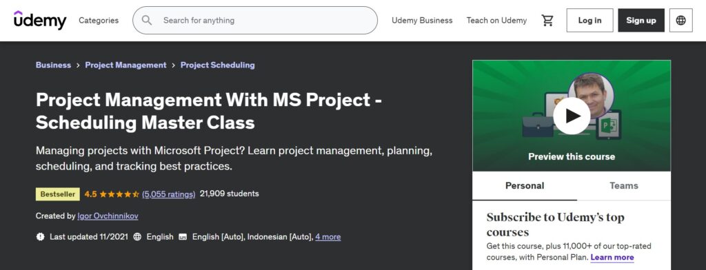 Udemy Project Management With MS Project - Scheduling Master Class Course Page screenshot