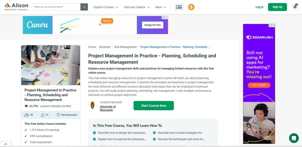 Alison Project Management in Practice landing page