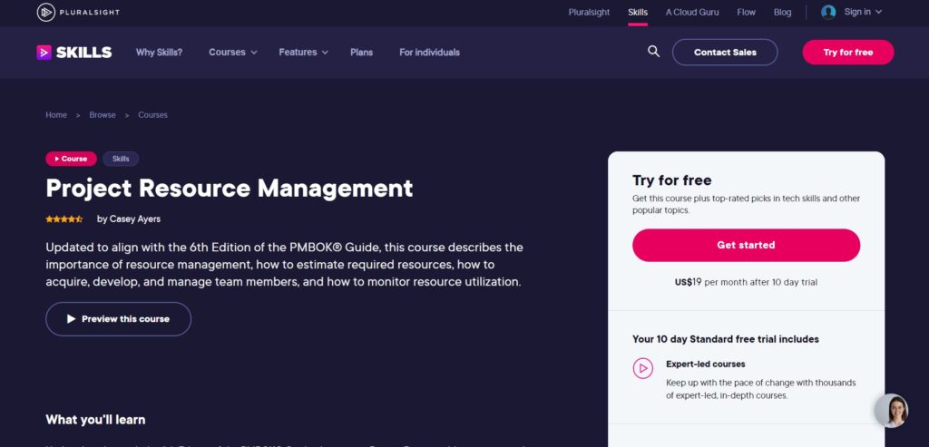 Pluralsight Project Resource Management landing page