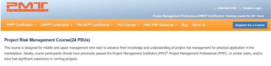 Project Risk Management Course (24 PDUs) landing page