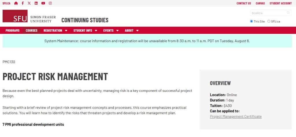 Project Risk Management course Simon Fraser University landing page