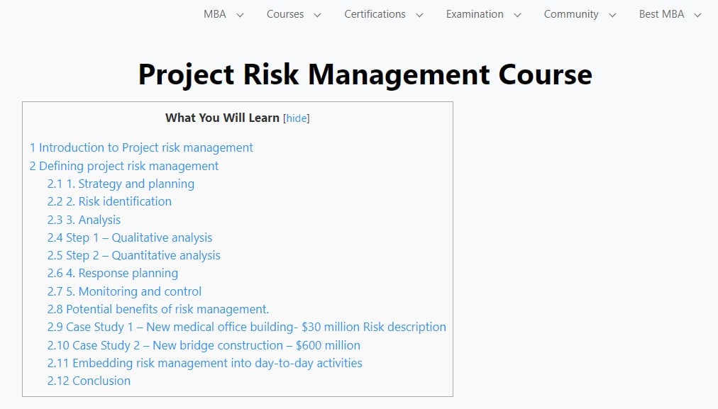 Project Risk Management course page website