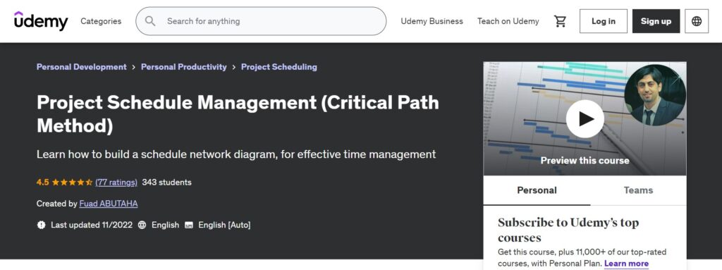 Udemy Project Schedule Management (Critical Path Method) Course Page screenshot