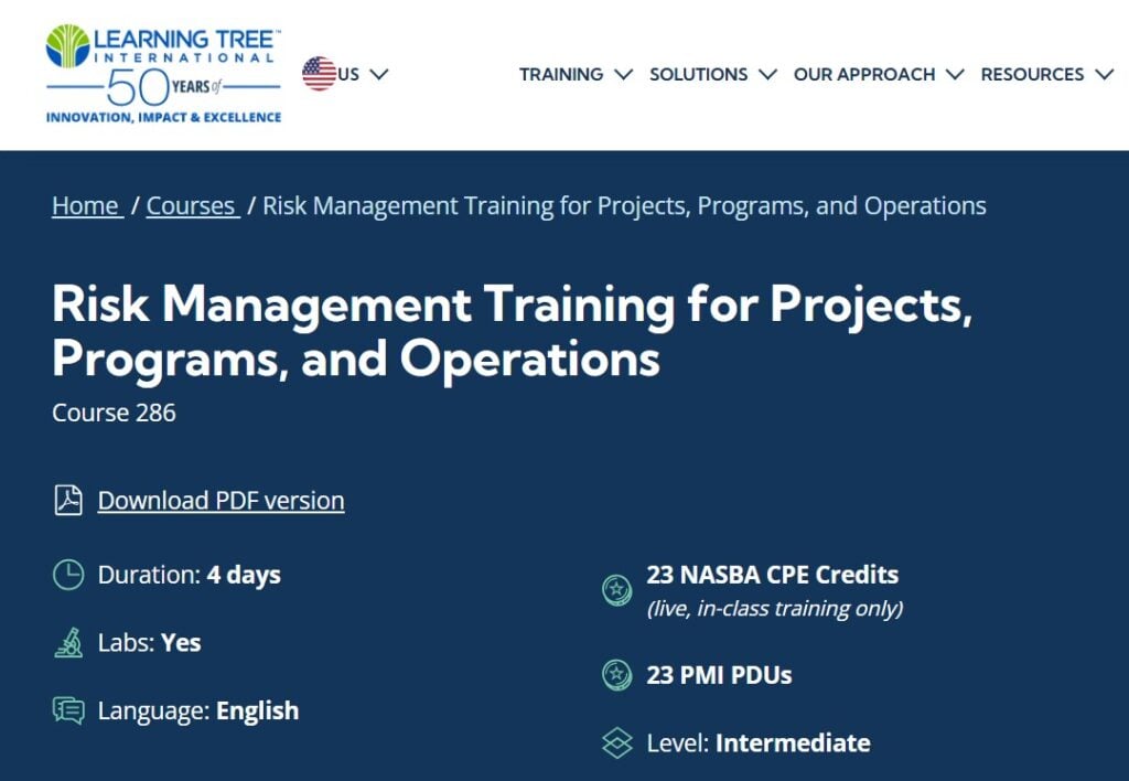 Risk Management Training for Projects, Programs, and Operations course landing page