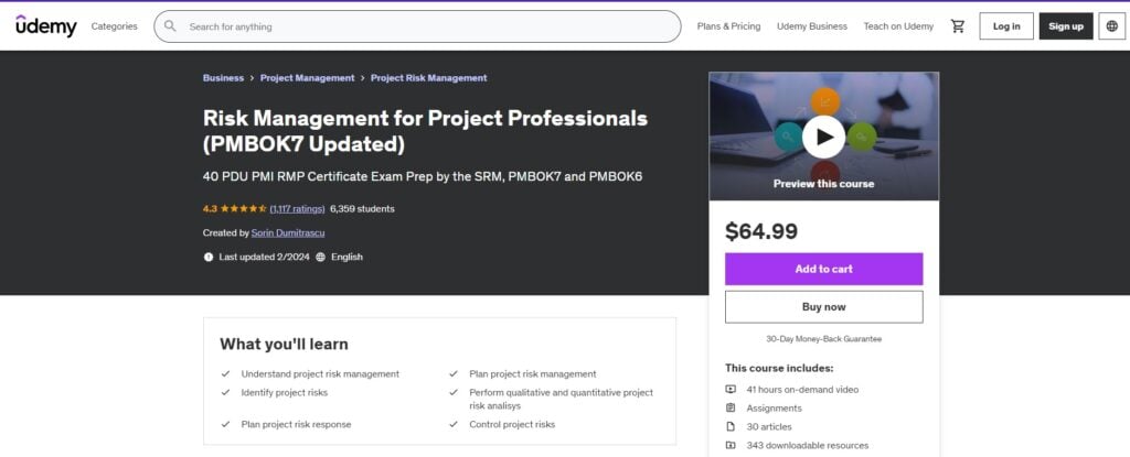 Risk Management for Project Professionals course landing page