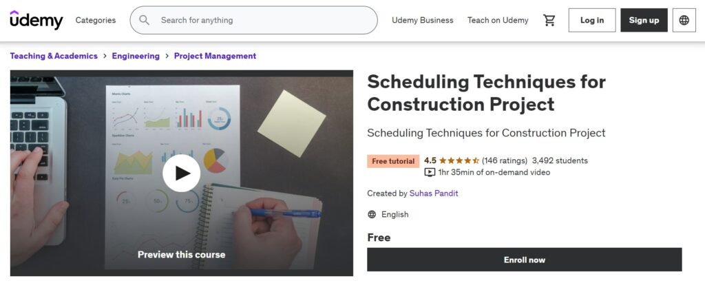 Udemy Scheduling Techniques for Construction Project Course Page screenshot