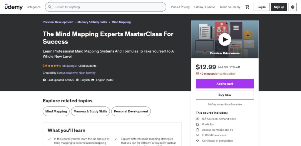 Udemy The Mind Mapping Experts MasterClass For Success landing page screenshot