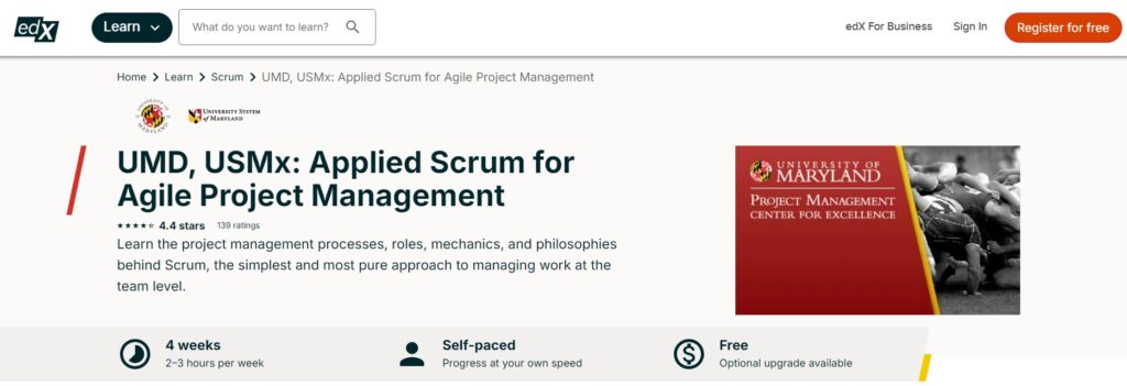 UMD, USMx: Applied Scrum for Agile Project Management course landing page