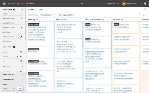 Brightspot screenshot of features that are useful for media, marketing, and publishing