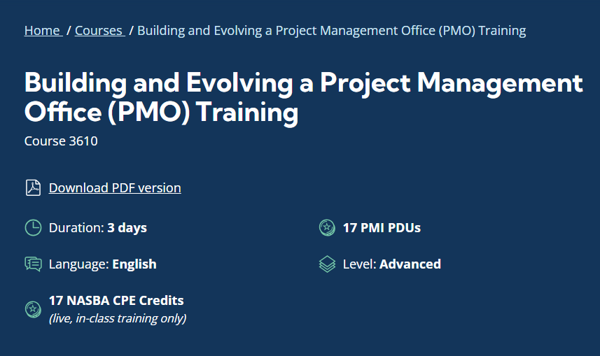 Building and Evolving a Project Management Office (PMO) Training website screenshot