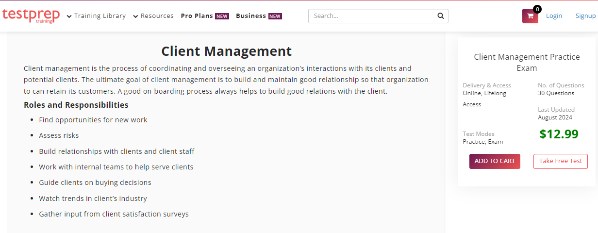 TestPrep Training client management course page screenshot