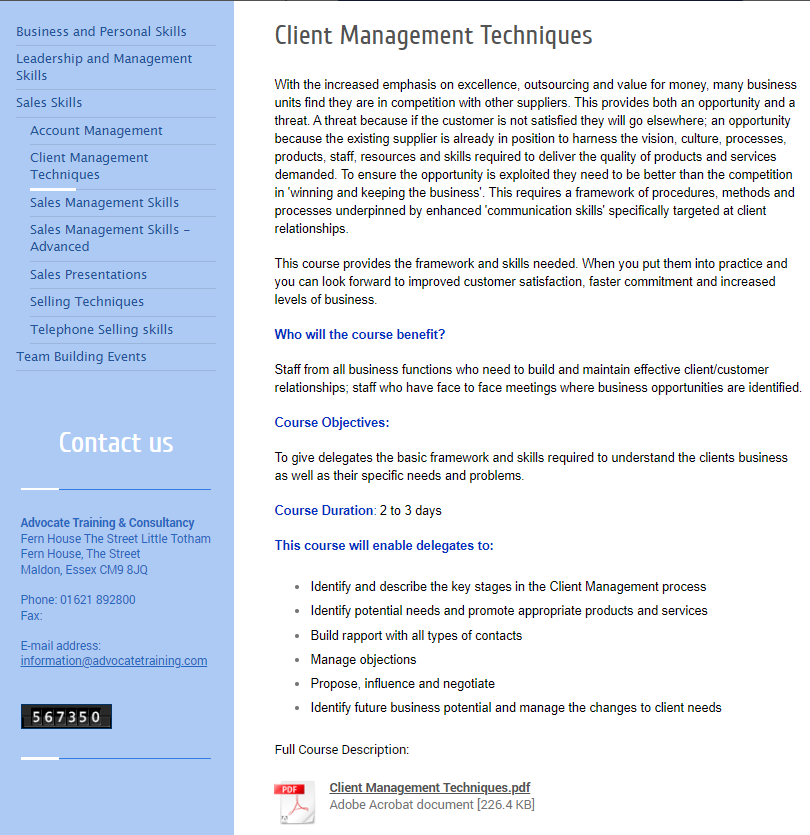 Client Management Techniques course page screenshot