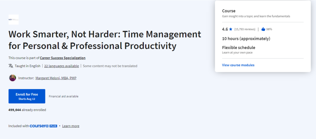 Work Smarter, Not Harder: Time Management for Personal & Professional Productivity course page screenshot