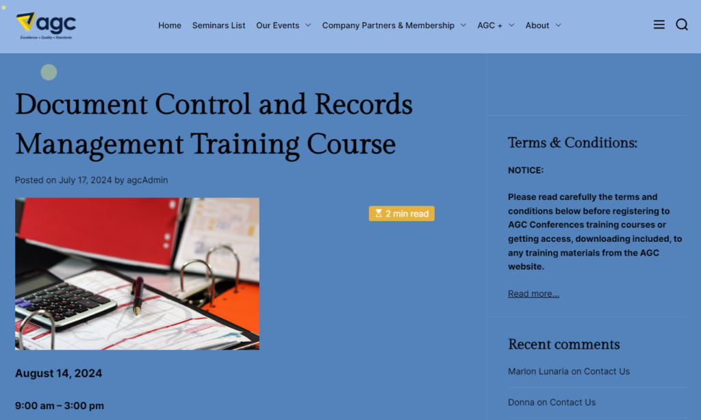 Document Control and Records Management Training Course website screenshot