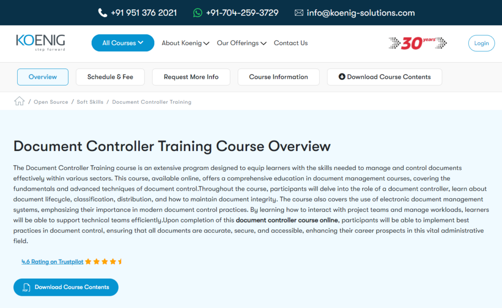 Document Controller Training Course Overview website screenshot
