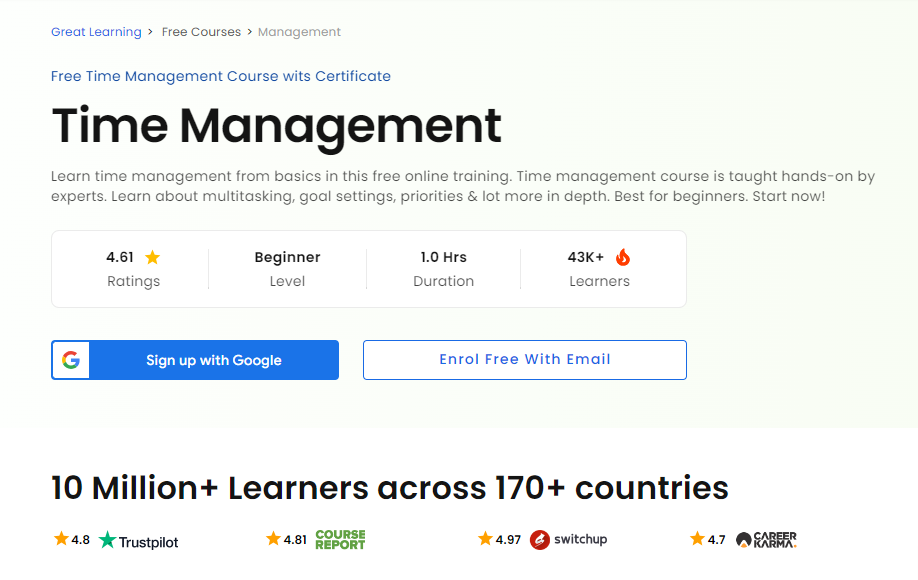 Time Management by Great Learning course page screenshot