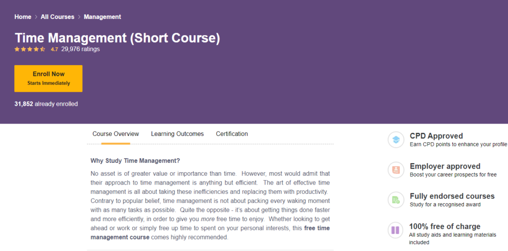 Time Management by Oxford Home Study course page screenshot