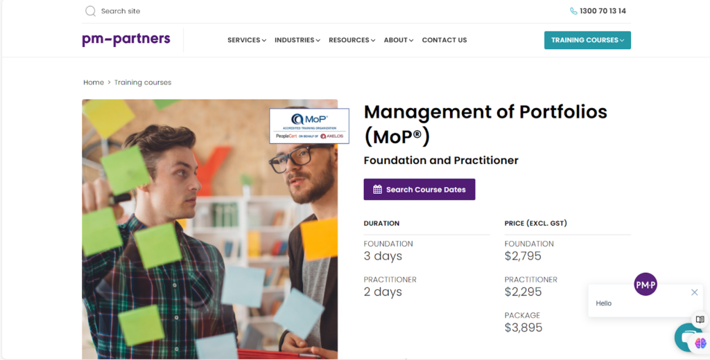 Screenshot of the Management of Portfolios (MoP) course landing page