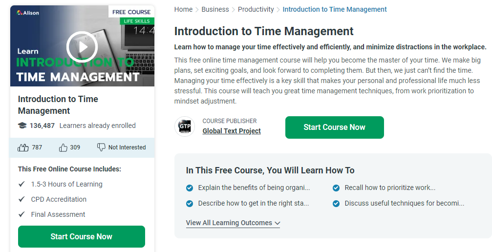 Time Management Mastery course page screenshot