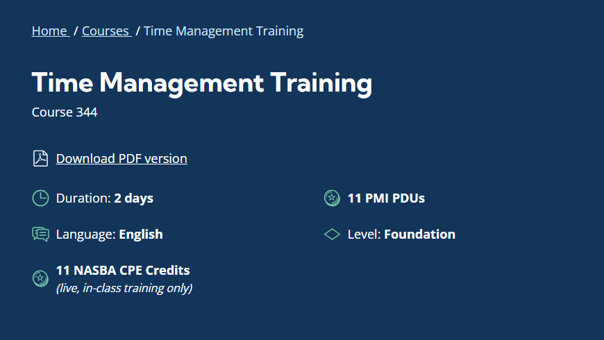 Time Management Training course page screenshot