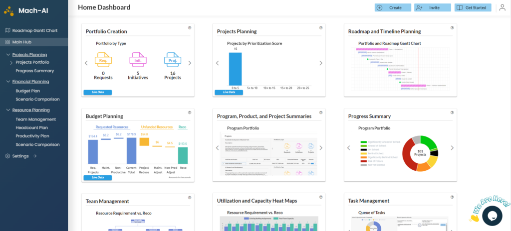 Another screenshot of Mach-AI's Home Dashboard page, which displays buttons for and previews of different features of the tool, including Portfolio Creation; Projects Planning; Roadmap and Timeline Planning; Budget Planning; Program, Product, and Project Summaries; Progress Summary, Team Management, Utilization and Capacity Heat Maps, and Task Management.