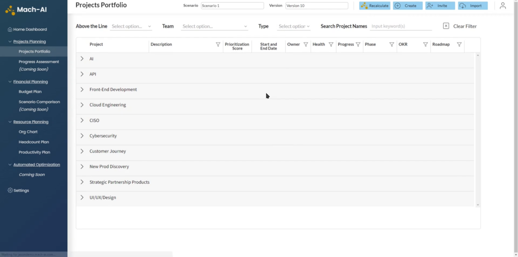 Screenshot of Mach-AI's Projects Portfolio feature with a list of projects that can be expanded to show each project's description, prioritization score, start and end date, owner, health, phase, OKR, and roadmap.