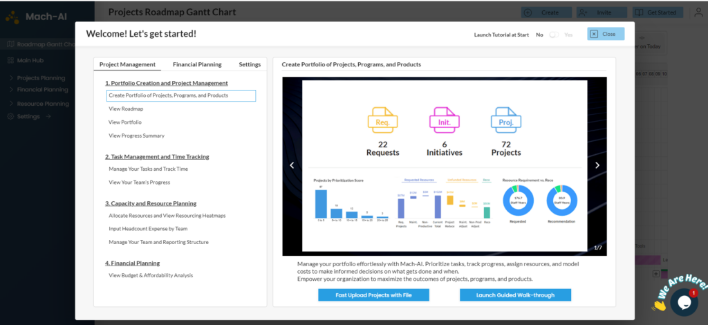 Screenshot of Mach-AI's onboarding screen. It states, "Welcome! Let's get started!" and offers multiple tabs for different subjects, such as Project Management and Financial Planning, and a list with links for different lessons, such as "View Roadmap" and "Allocate Resources and View Resourcing Heatmaps".