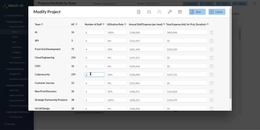 A screenshot of Mach-AI's "Modify Project" feature, which allows users to modify several different factors for each project, including number of staff, utilization rate, annual staff expense (per head), and total expense (adjusted for project duration).