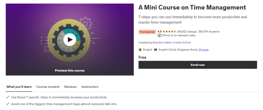 A Mini Course on Time Management course page screenshot