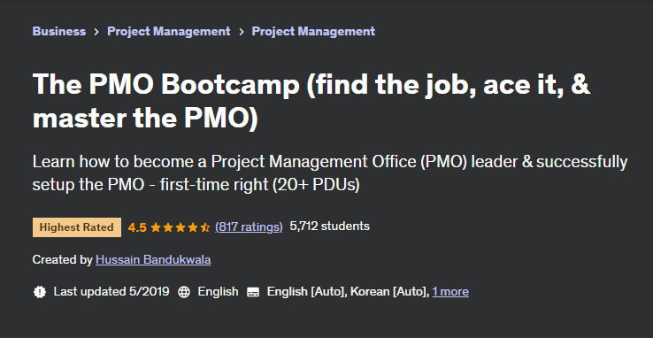 The PMO Bootcamp (find the job, ace it, & master the PMO) course page screenshot