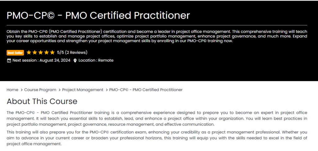 PMO-CP© - PMO Certified Practitioner website screenshot