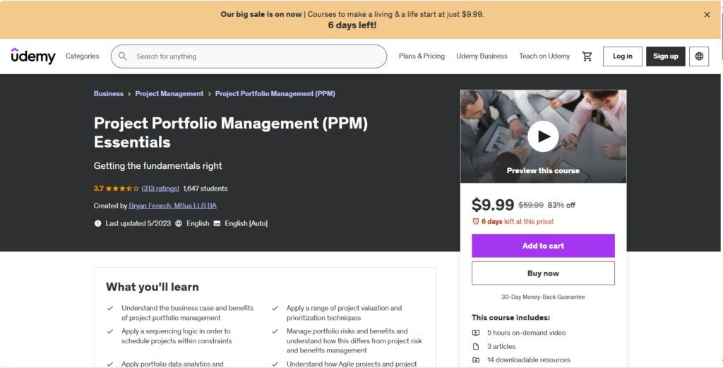 Screenshot of the Project Portfolio Management (PPM) Essentials course page
