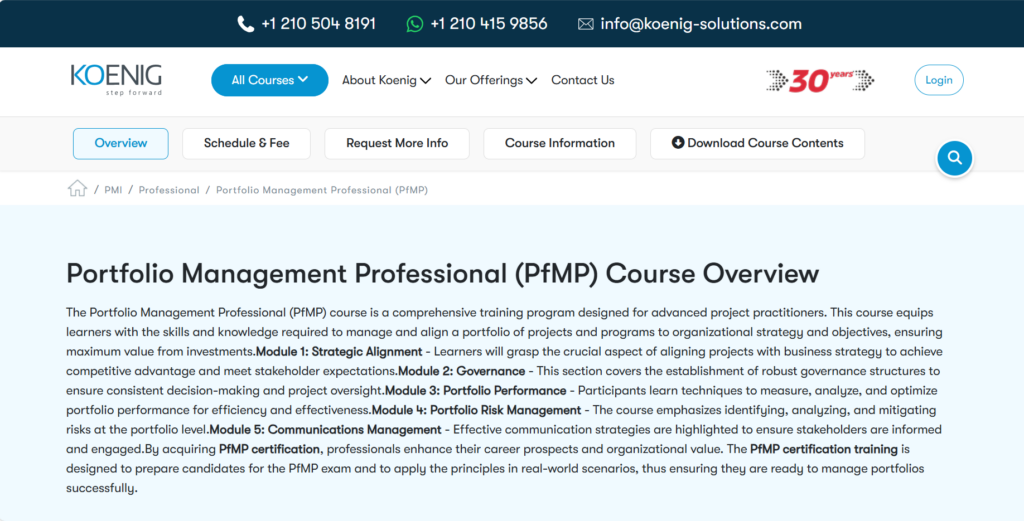 Screenshot of the Portfolio Management Professional (PfMP) course landing page