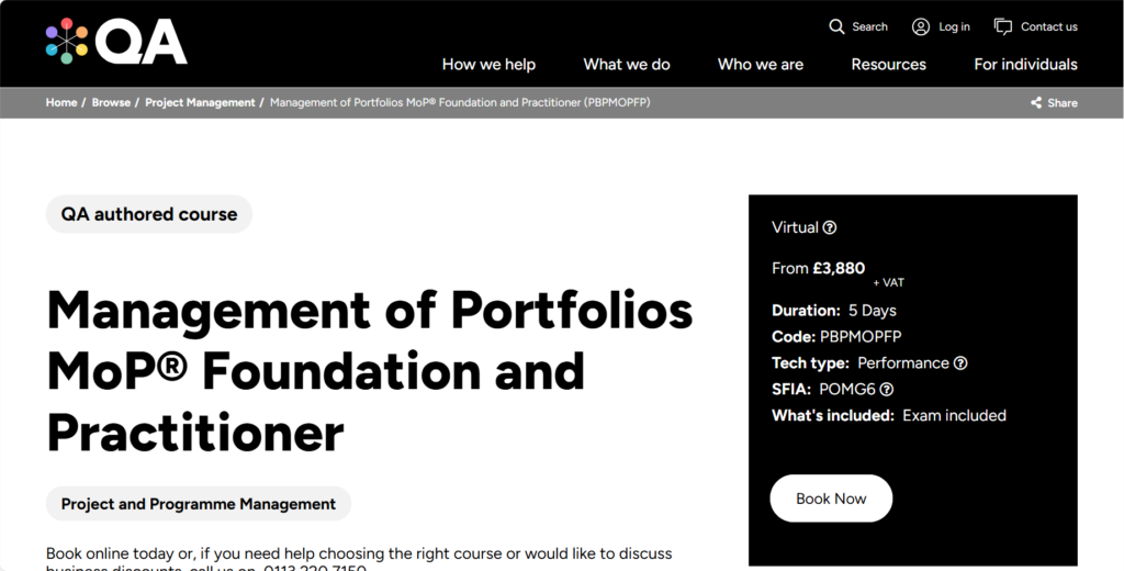 Screenshot of the landing page for the Management of Portfolios MoP Foundation and Practitioner course
