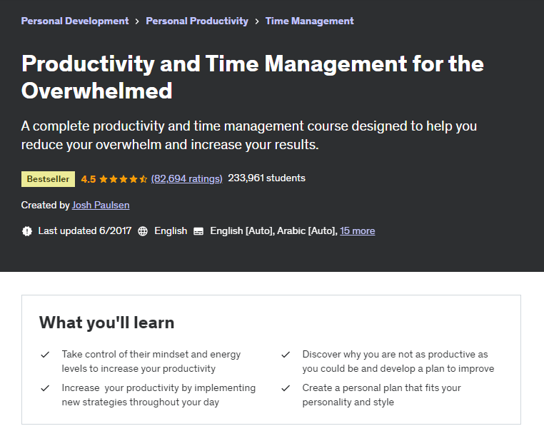 Productivity and Time Management for the Overwhelmed course page screenshot