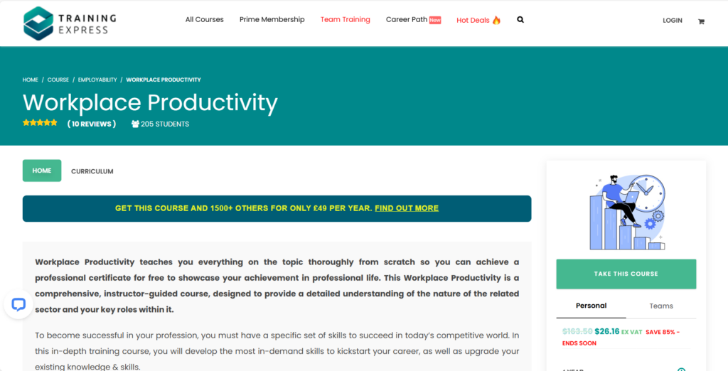 Screenshot of the landing page for the Workplace Productivity course