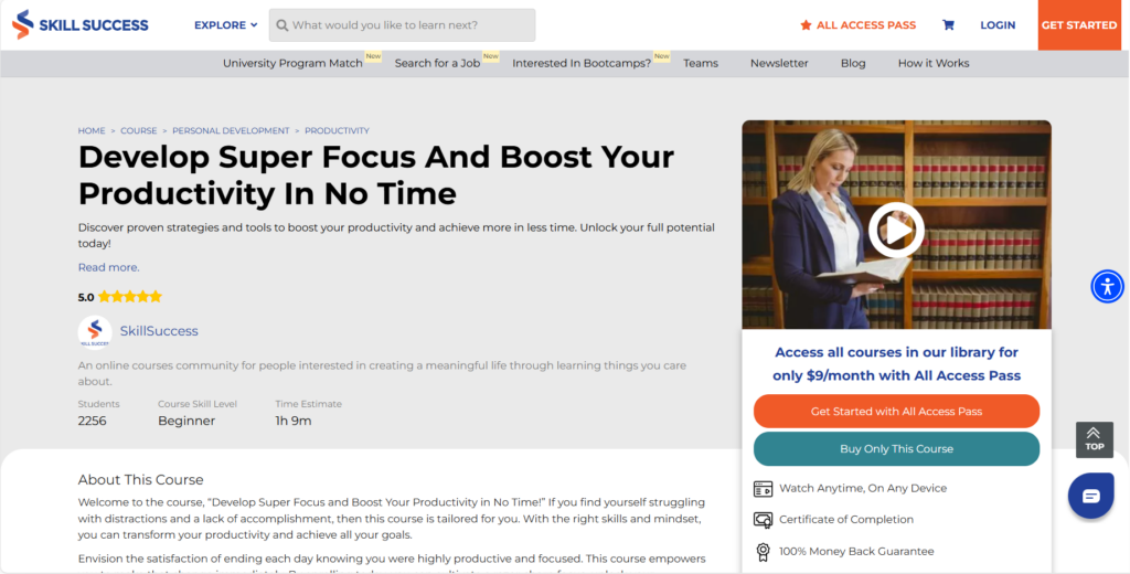 Screenshot of the Develop Super Focus and Boost Your Productivity In No Time course landing page