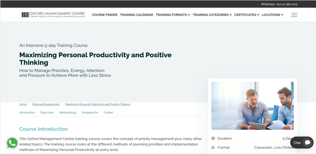 Screenshot of the Maximizing Personal Productivity and Positive Thinking course website