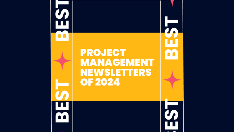 best project management newsletters text on orange and black background