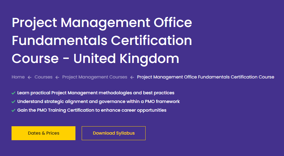 Project Management Office Fundamentals Certification Course website screenshot