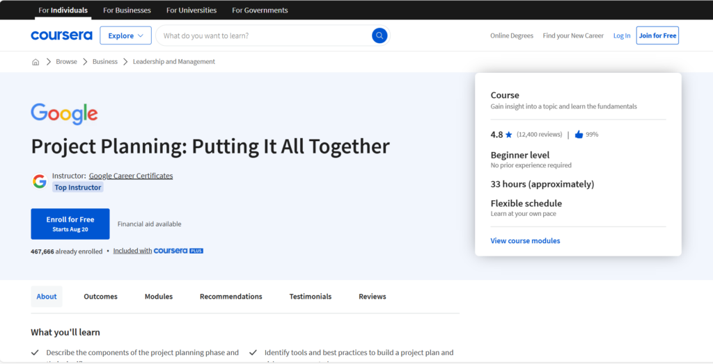 The Project Planning: Putting It All Together course screenshot