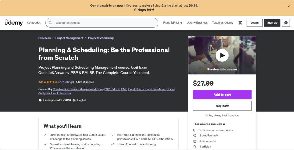 Screenshot of the Planning & Scheduling: Be the Professional from Scratch course landing page