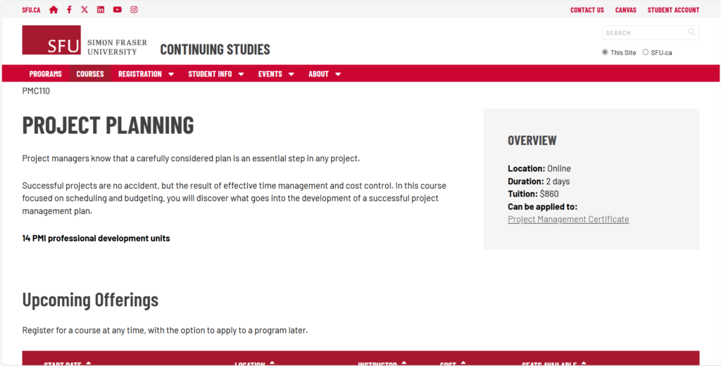 Screenshot of the Project Planning course landing page