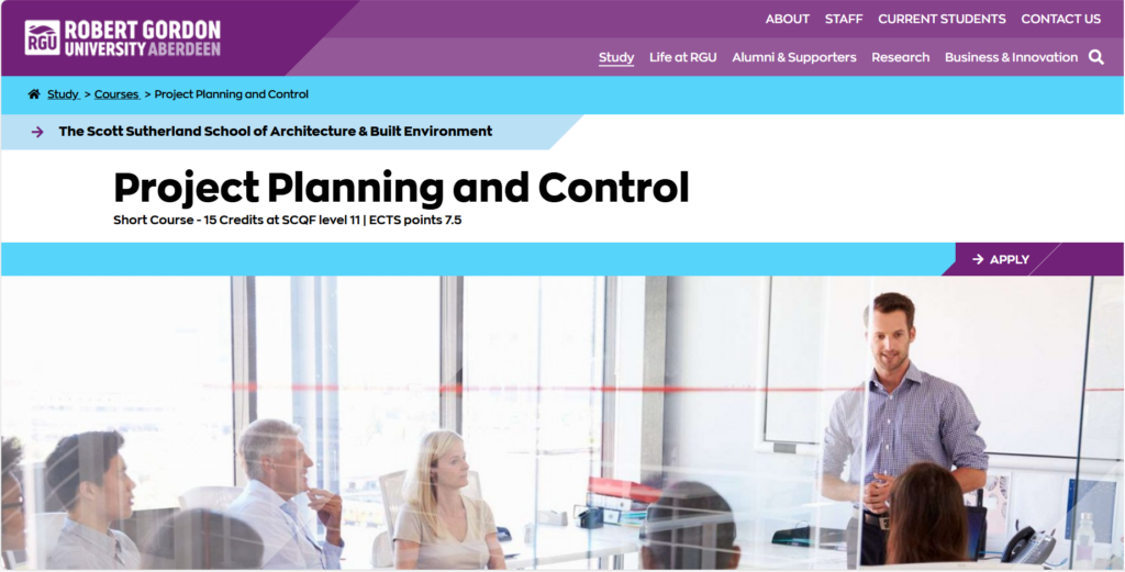 Screenshot of the landing page for the Project Planning and Control course