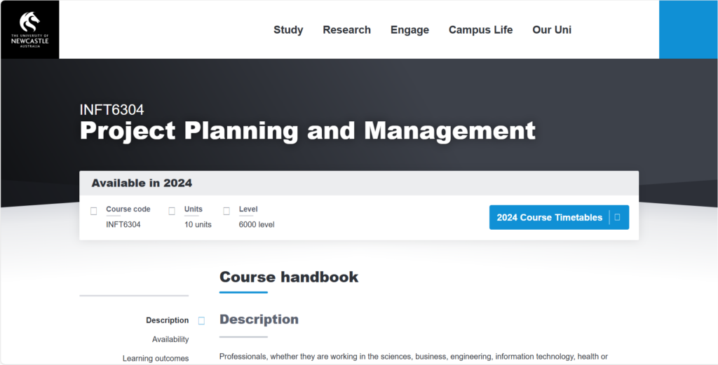 Screenshot of the Project Planning and Management course page