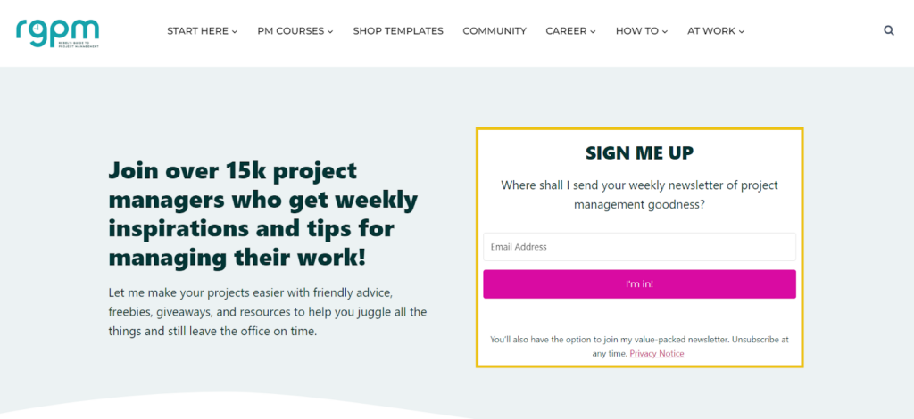 The Rebel's Guide to PM Newsletter subscription page screenshot