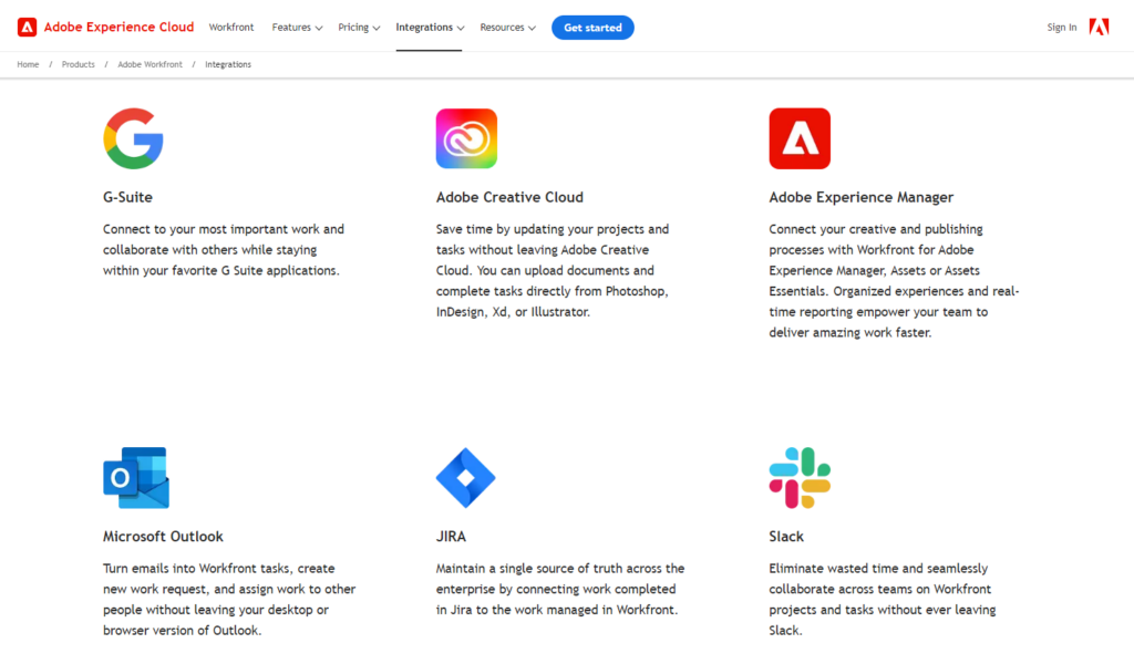 screenshot of adobe workfront integration capabilities