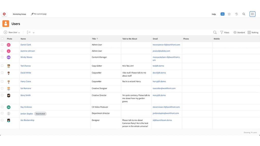 screenshot of adobe workfront scalability and team size
