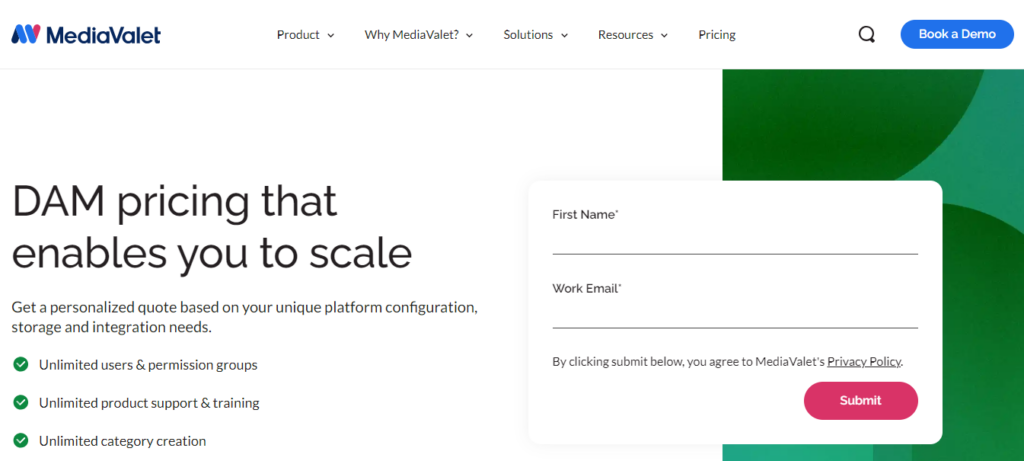 screenshot of mediavalet customized pricing